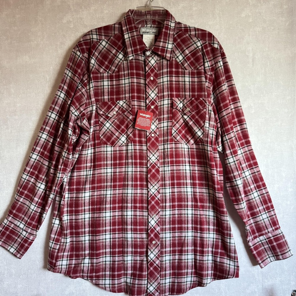 Wrangler Shirt‎ Mens XLT Red Plaid Western Pearl Snap Flannel Tall Long Sleeve
